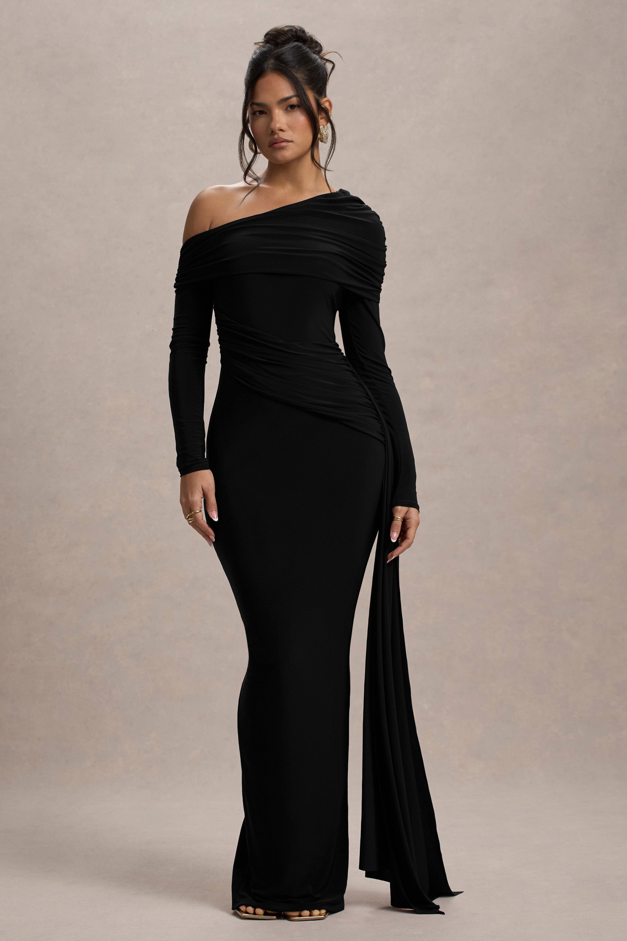 Valina | Black Ruched Asymmetric Maxi Dress With Drape  Gemma Chic