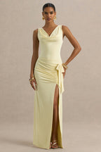 Pure Affection | Pale Lemon Cowl-Neck Maxi Dress With Ruched Detailing And Front High Split  Gemma Chic