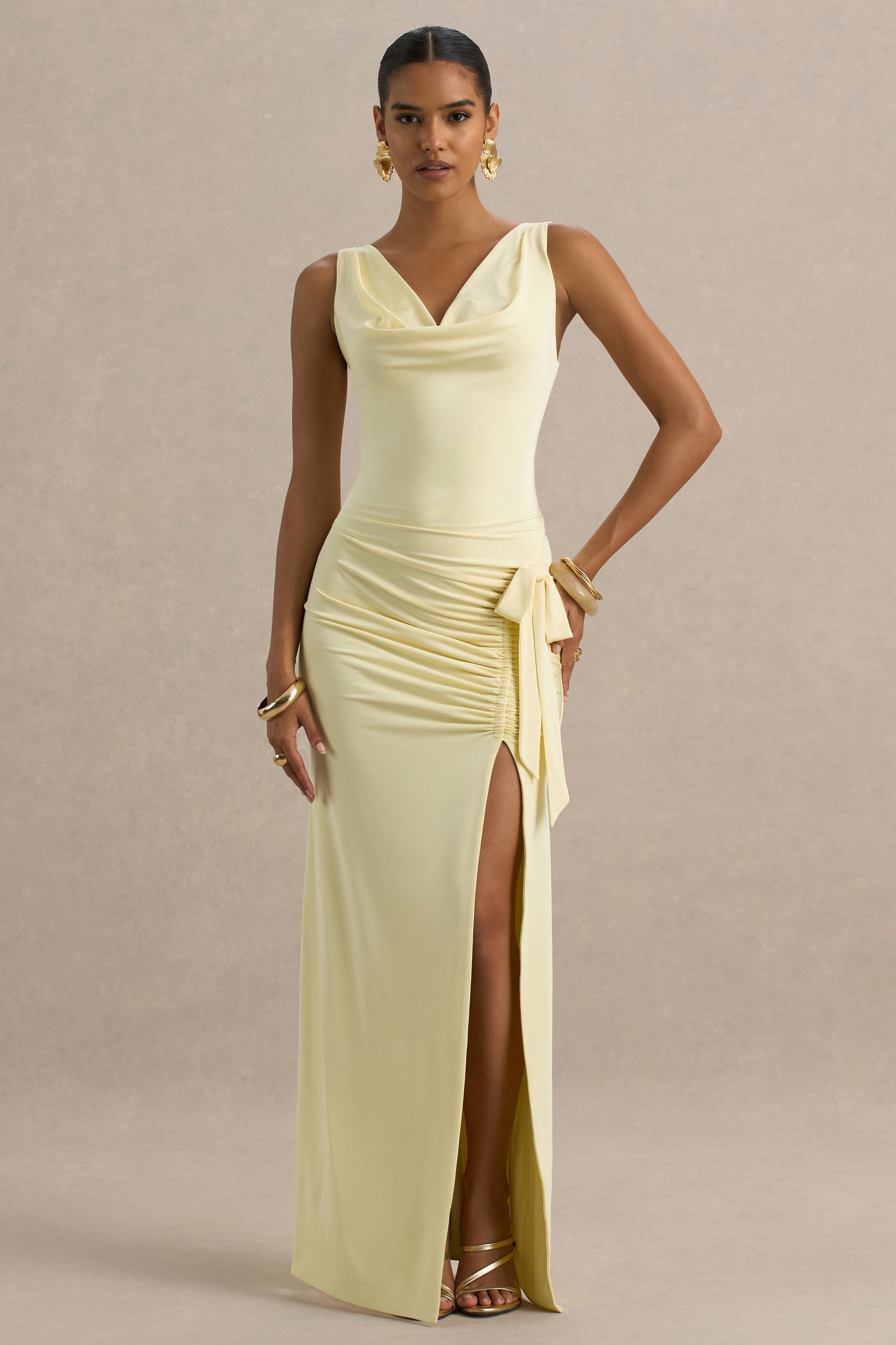 Pure Affection | Pale Lemon Cowl-Neck Maxi Dress With Ruched Detailing And Front High Split  Gemma Chic