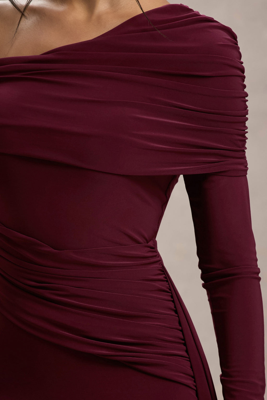 Valina | Burgundy Ruched Asymmetric Maxi Dress With Drape  Gemma Chic