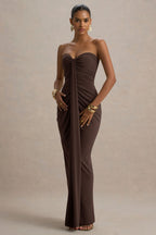 Ali | Brown Sweetheart Ruched Wrap Maxi Dress  Gemma Chic