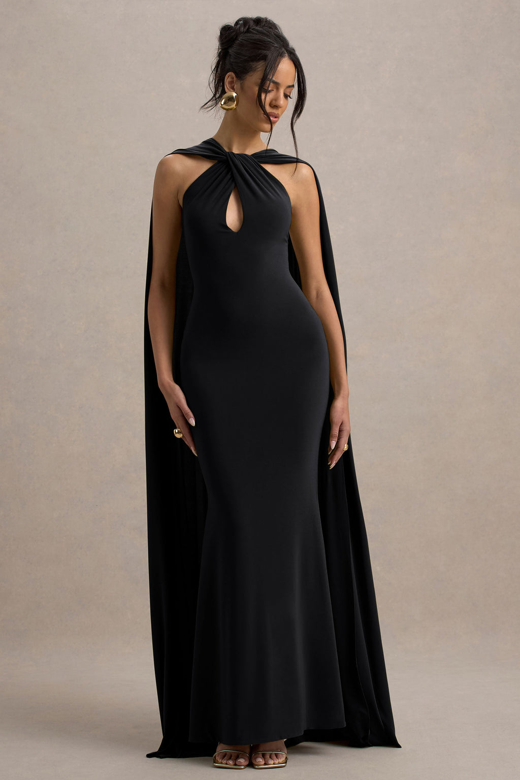 Rhoda | Black Twist Halter-Neck Cape Maxi Dress  Gemma Chic