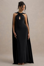 Rhoda | Black Twist Halter-Neck Cape Maxi Dress  Gemma Chic