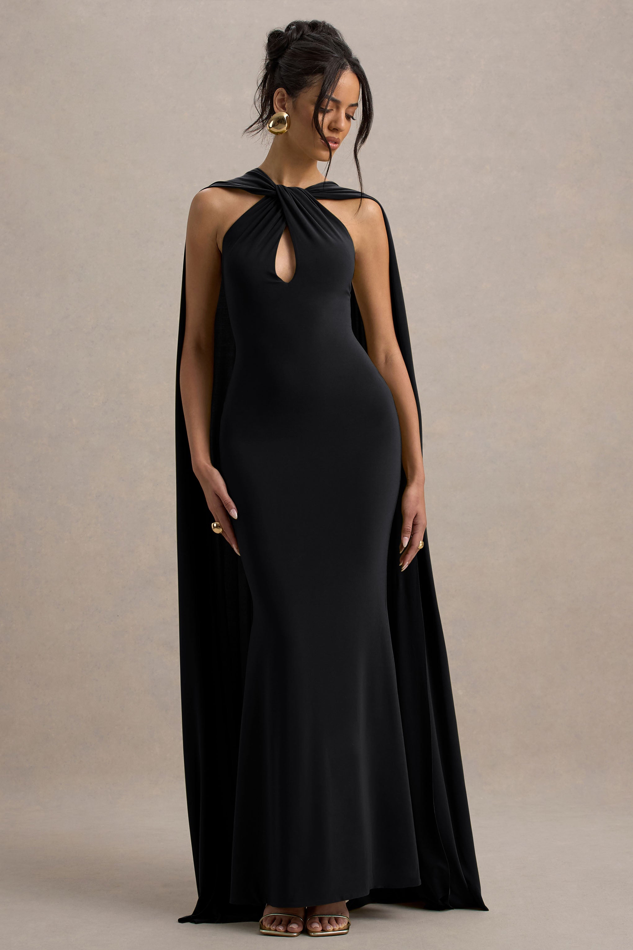 Rhoda | Black Twist Halter-Neck Cape Maxi Dress  Gemma Chic