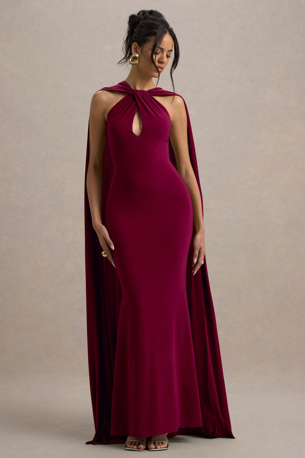 Rhoda | Burgundy Twist Halter-Neck Cape Maxi Dress  Gemma Chic