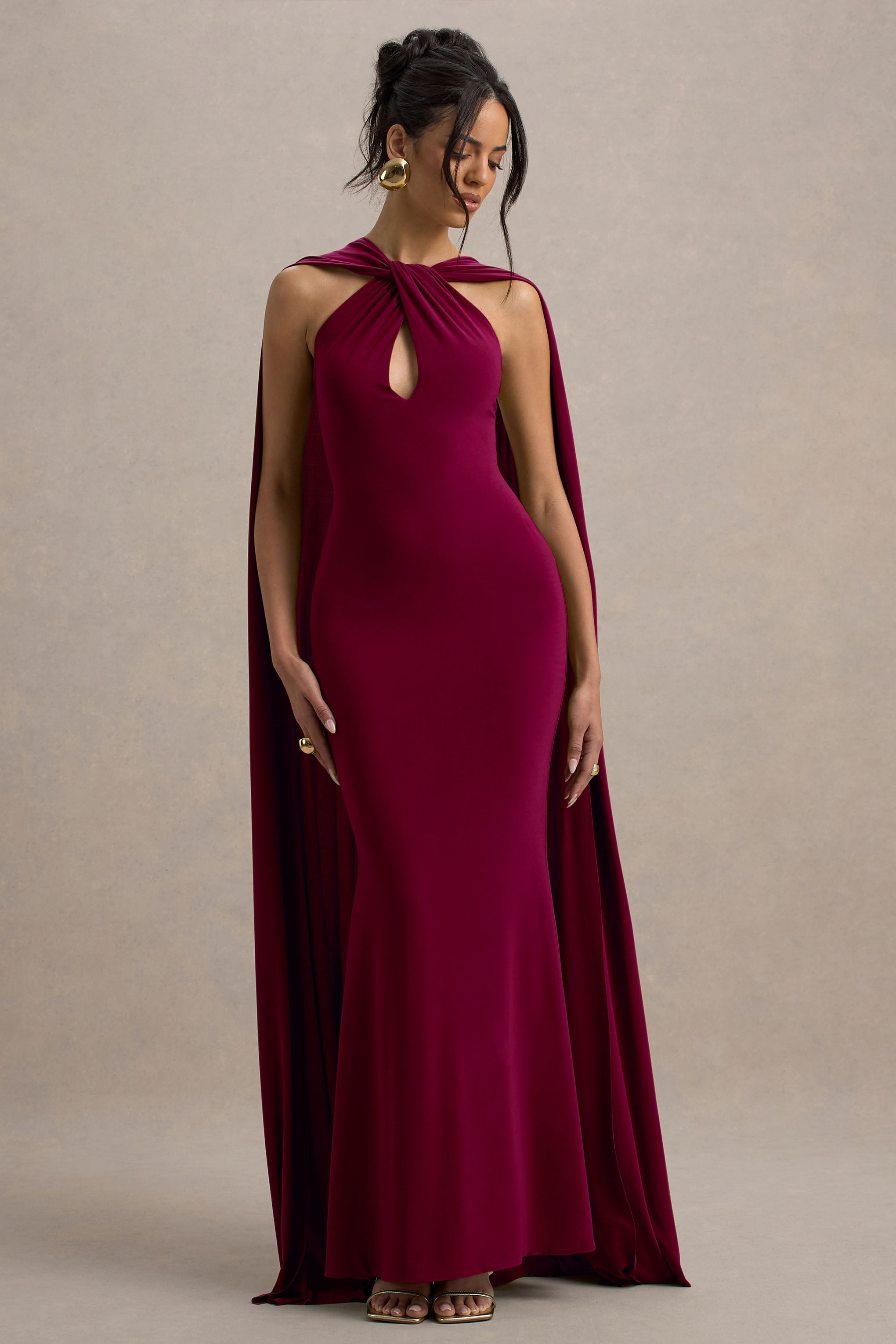 Rhoda | Burgundy Twist Halter-Neck Cape Maxi Dress  Gemma Chic