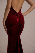 Adele | Berry Velvet Ruched Strappy Fishtail Maxi Dress  Gemma Chic