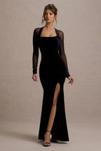 Apres | Black Velvet Bodycon Split Maxi Dress With Sheer Sleeves  Gemma Chic