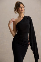 Clementina | Black Asymmetric Cape Sleeve Maxi Dress  Gemma Chic
