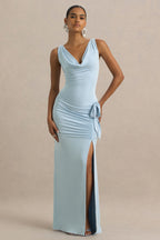 Pure Affection | Powder Blue Cowl-Neck Maxi Dress With Ruched Detailing And Front High Split  Gemma Chic