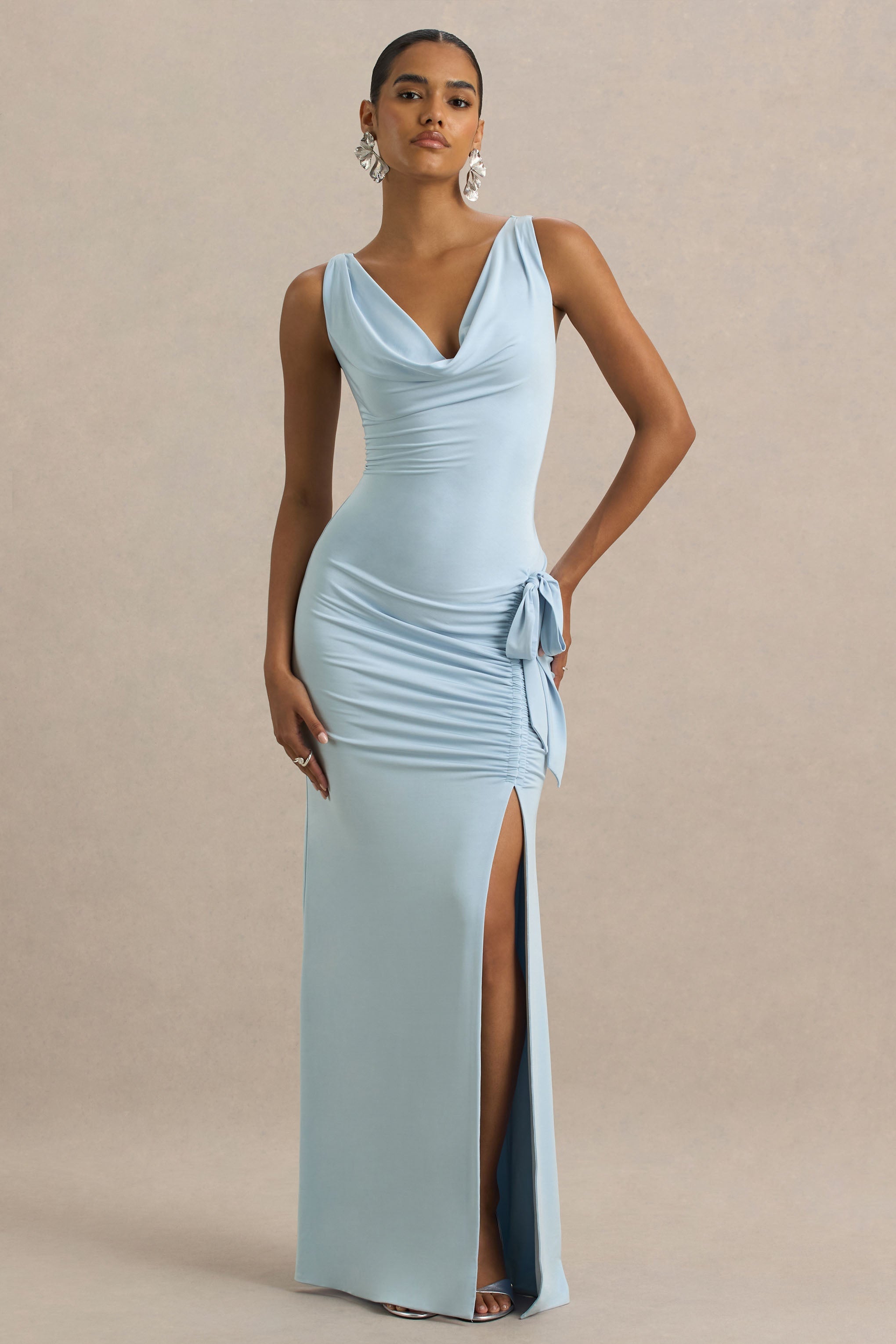 Pure Affection | Powder Blue Cowl-Neck Maxi Dress With Ruched Detailing And Front High Split  Gemma Chic