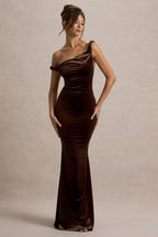 Neeka | Brown Velvet Twisted Asymmetric Maxi Dress  Gemma Chic