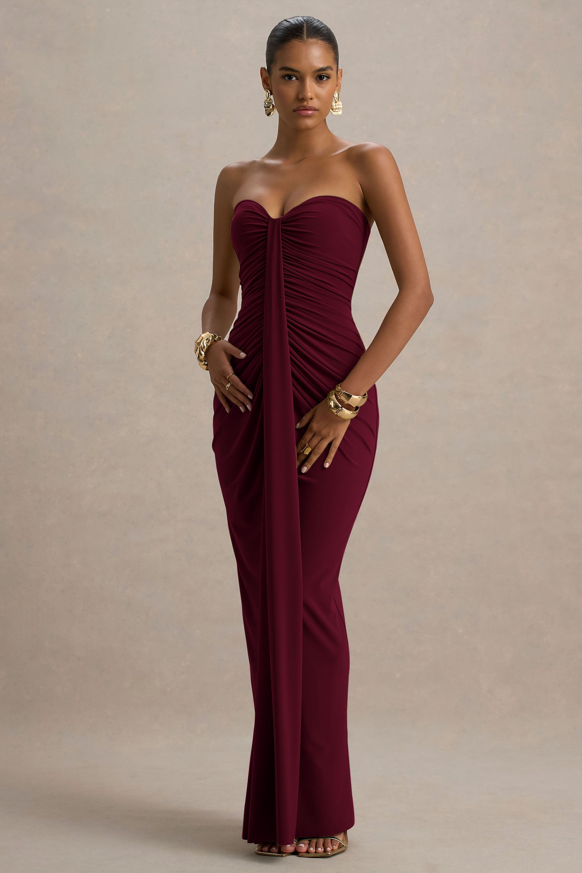 Ali | Burgundy Sweetheart Ruched Wrap Maxi Dress  Gemma Chic