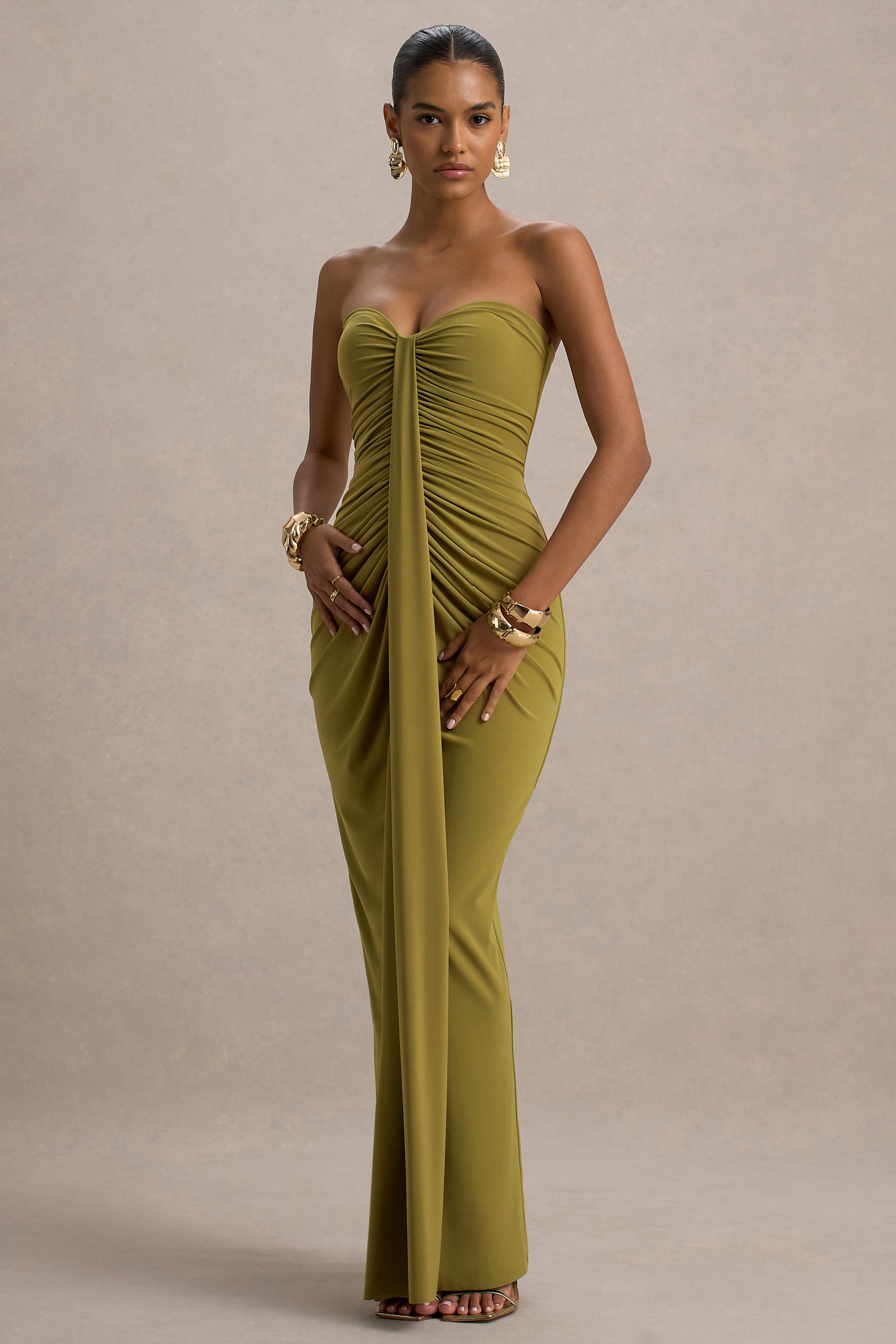 Ali | Olive Sweetheart Ruched Wrap Maxi Dress  Gemma Chic