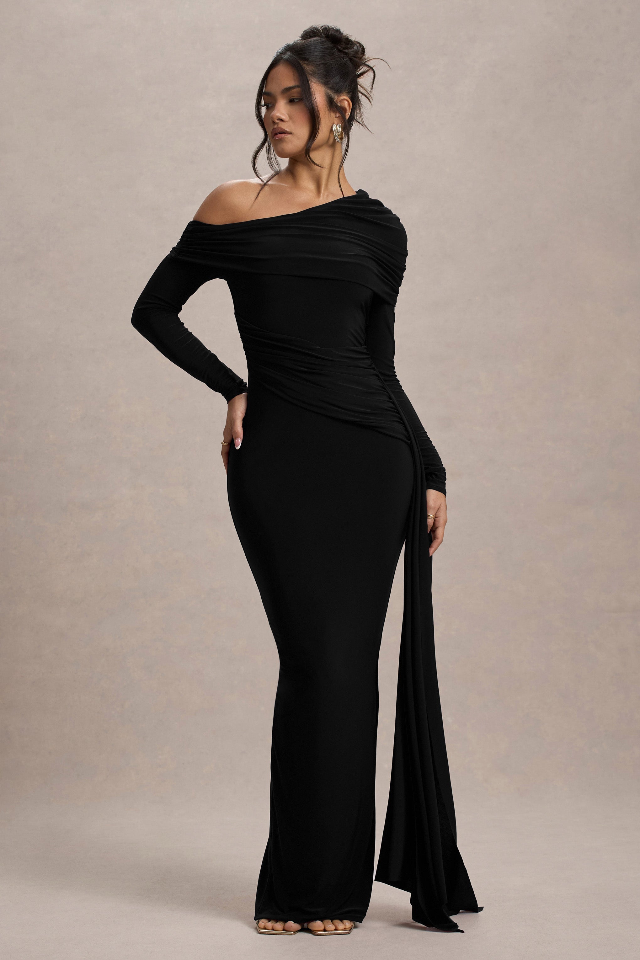 Valina | Black Ruched Asymmetric Maxi Dress With Drape  Gemma Chic