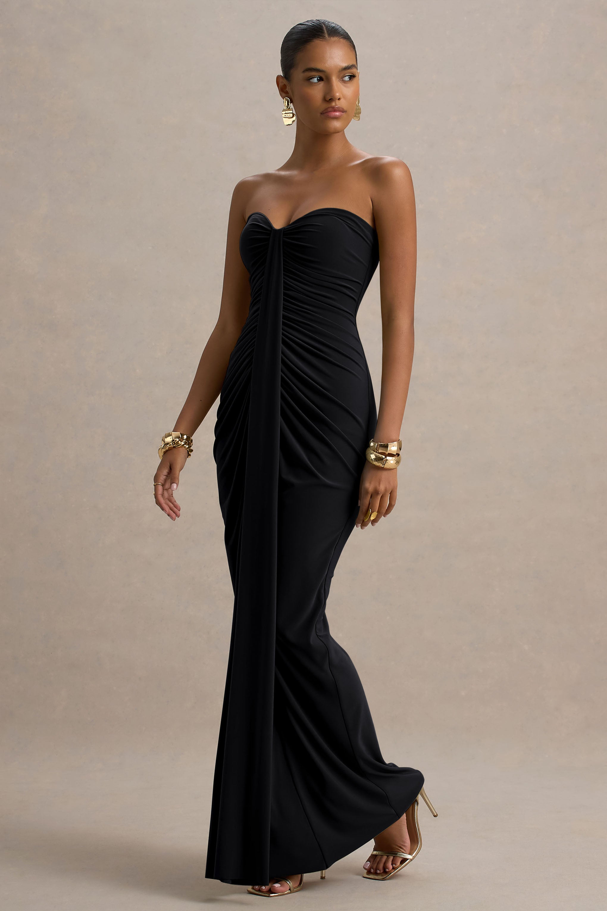 Ali | Black Sweetheart Ruched Wrap Maxi Dress  Gemma Chic