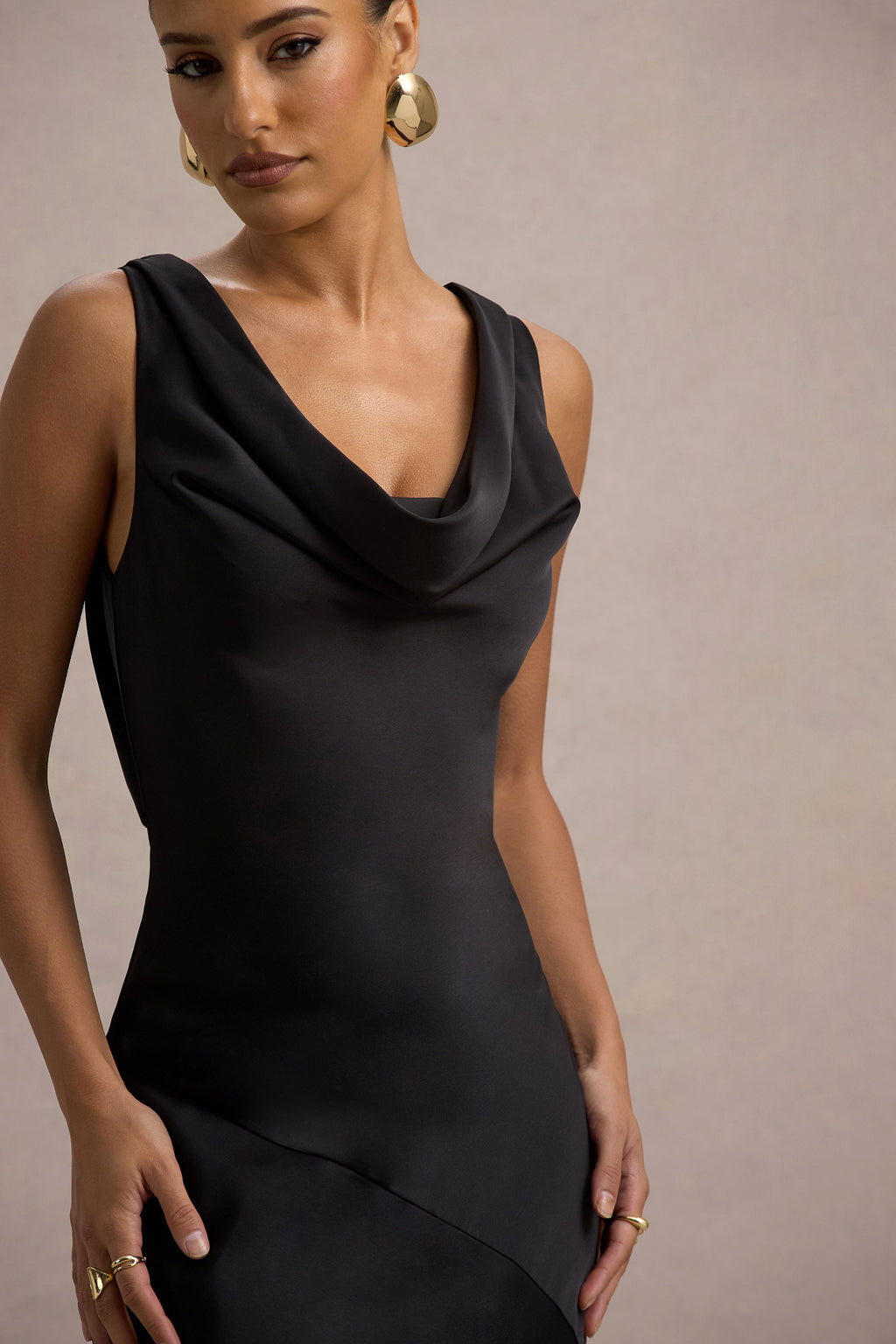 Alesso | Black Satin Cowl-Neck Maxi Dress  Gemma Chic