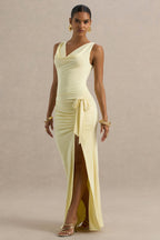 Pure Affection | Pale Lemon Cowl-Neck Maxi Dress With Ruched Detailing And Front High Split  Gemma Chic
