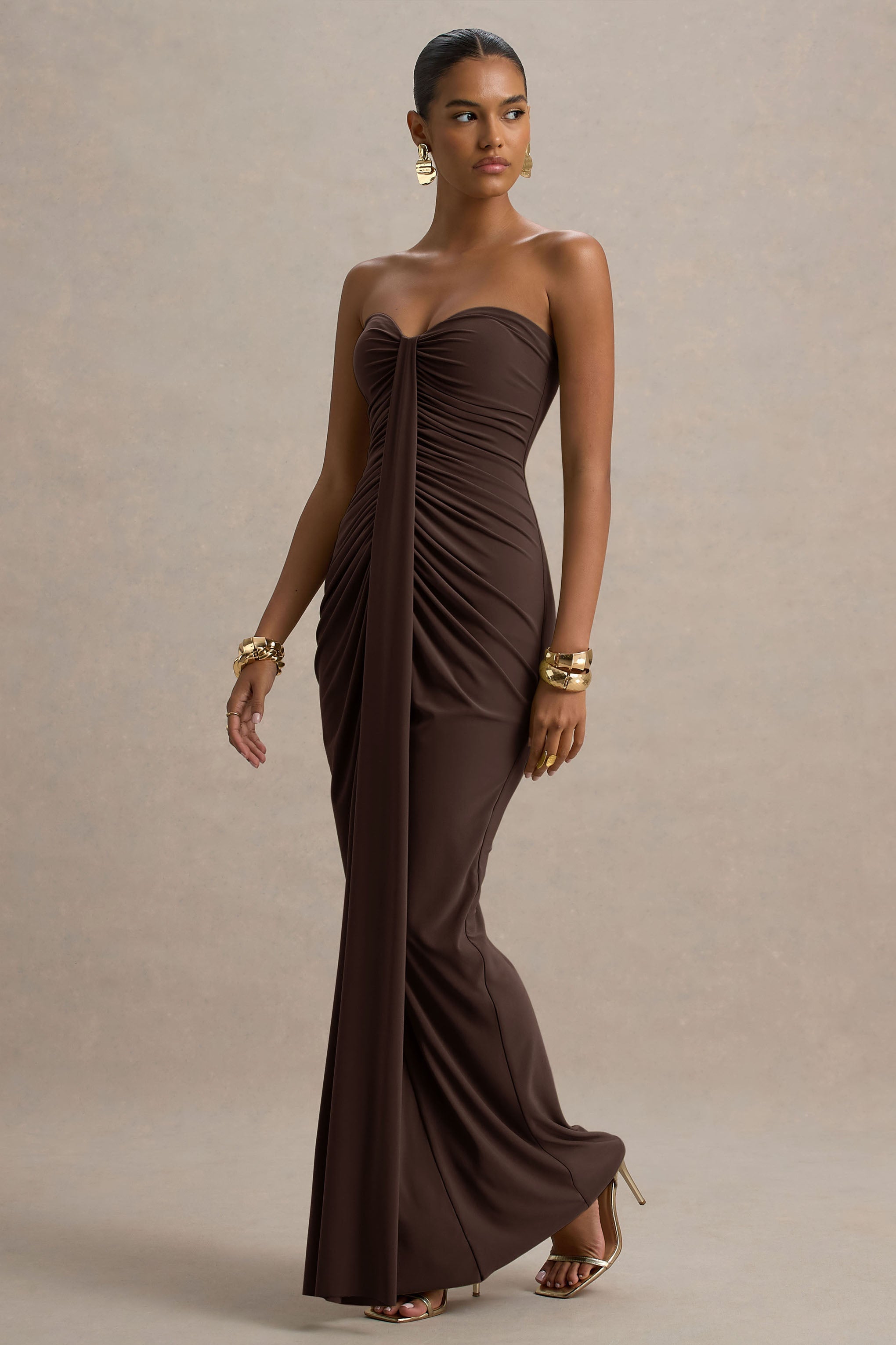 Ali | Brown Sweetheart Ruched Wrap Maxi Dress  Gemma Chic