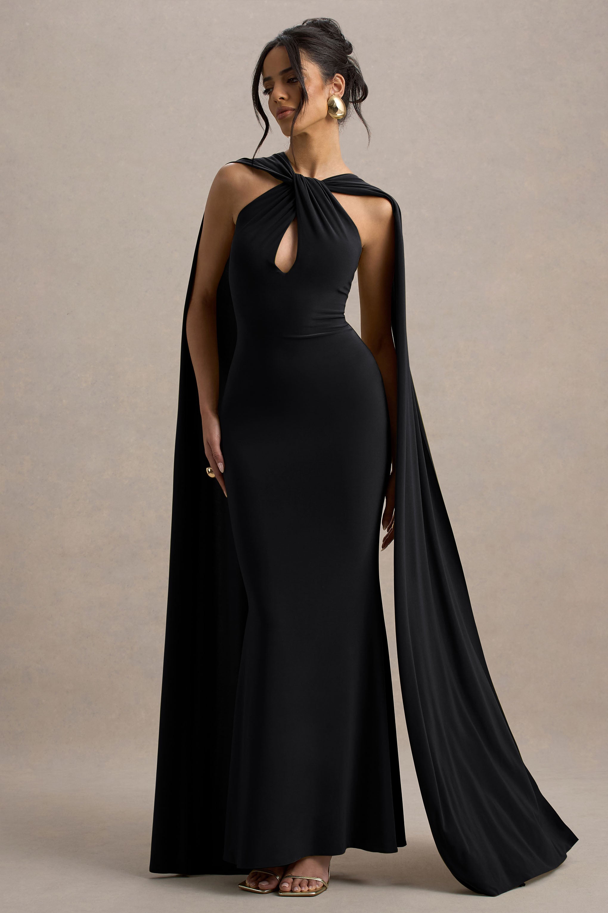 Rhoda | Black Twist Halter-Neck Cape Maxi Dress  Gemma Chic