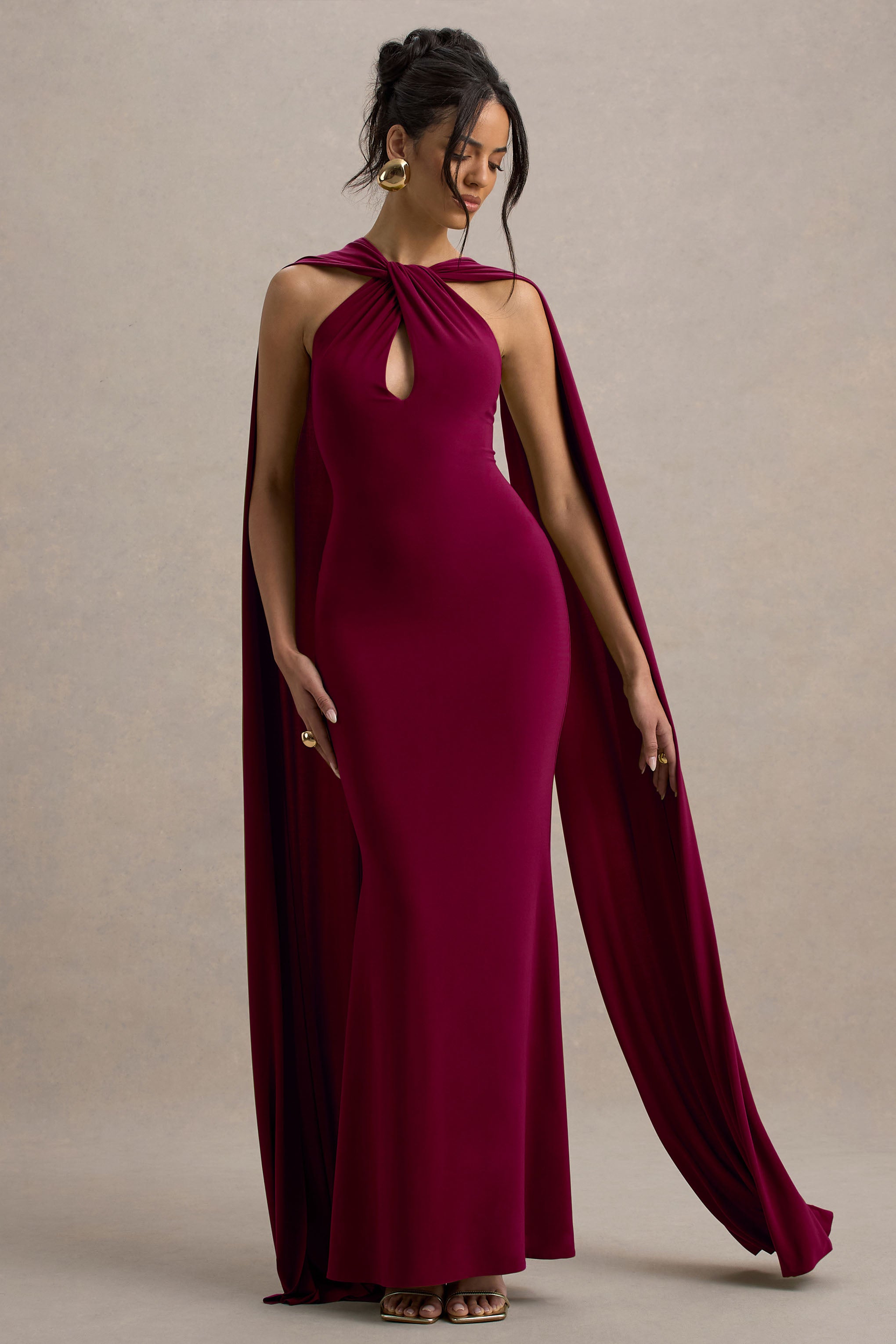Rhoda | Burgundy Twist Halter-Neck Cape Maxi Dress  Gemma Chic