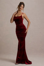 Adele | Berry Velvet Ruched Strappy Fishtail Maxi Dress  Gemma Chic