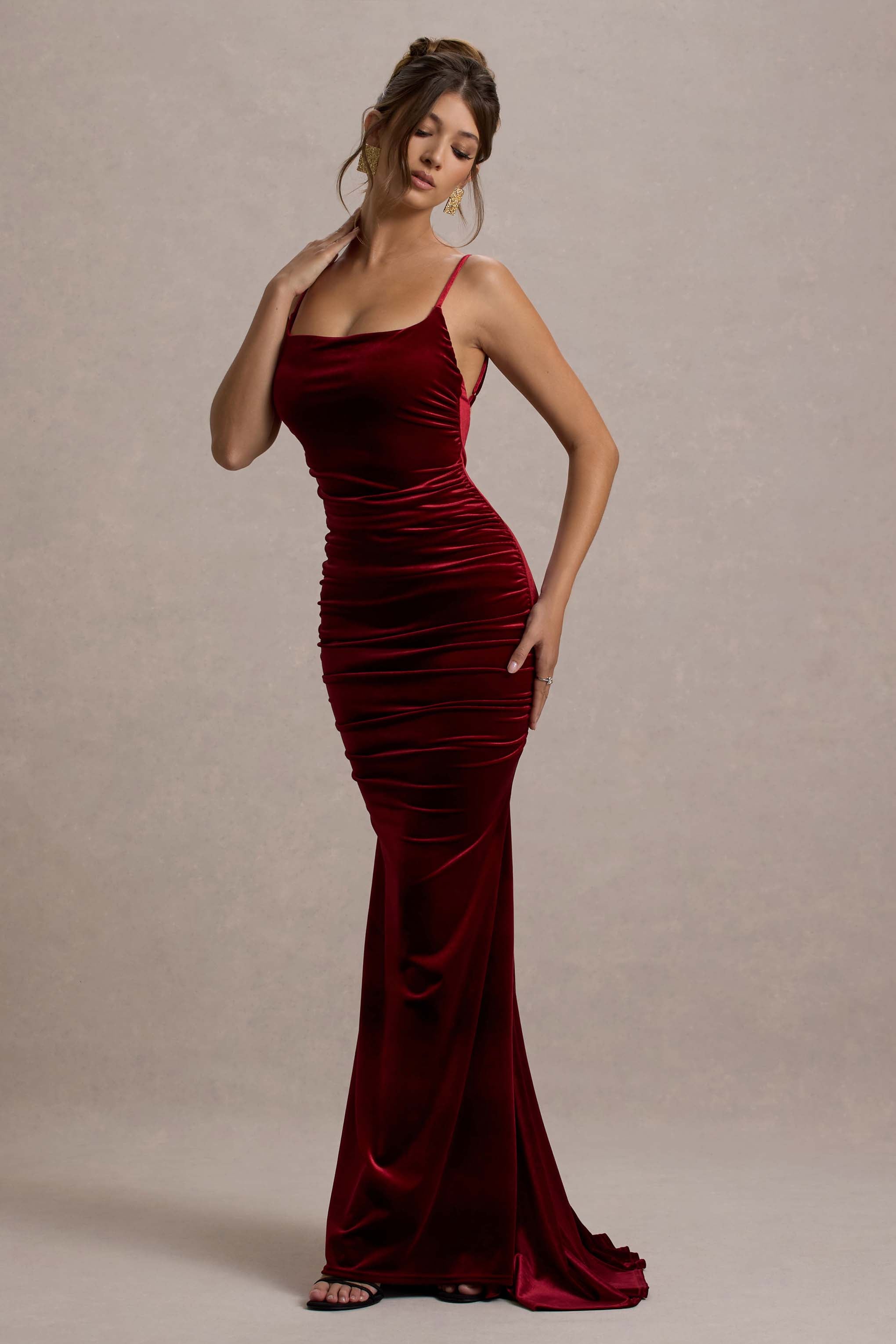 Adele | Berry Velvet Ruched Strappy Fishtail Maxi Dress  Gemma Chic