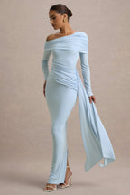 Valina | Powder Blue Ruched Asymmetric Maxi Dress With Drape  Gemma Chic