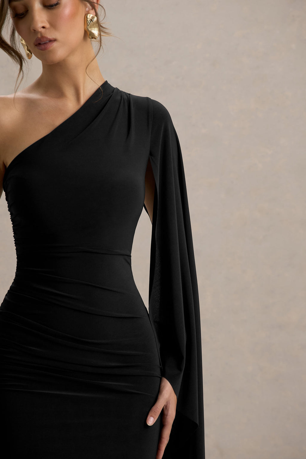 Clementina | Black Asymmetric Cape Sleeve Maxi Dress  Gemma Chic