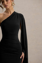 Clementina | Black Asymmetric Cape Sleeve Maxi Dress  Gemma Chic