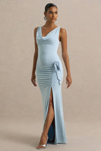 Pure Affection | Powder Blue Cowl-Neck Maxi Dress With Ruched Detailing And Front High Split  Gemma Chic