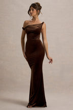 Neeka | Brown Velvet Twisted Asymmetric Maxi Dress  Gemma Chic