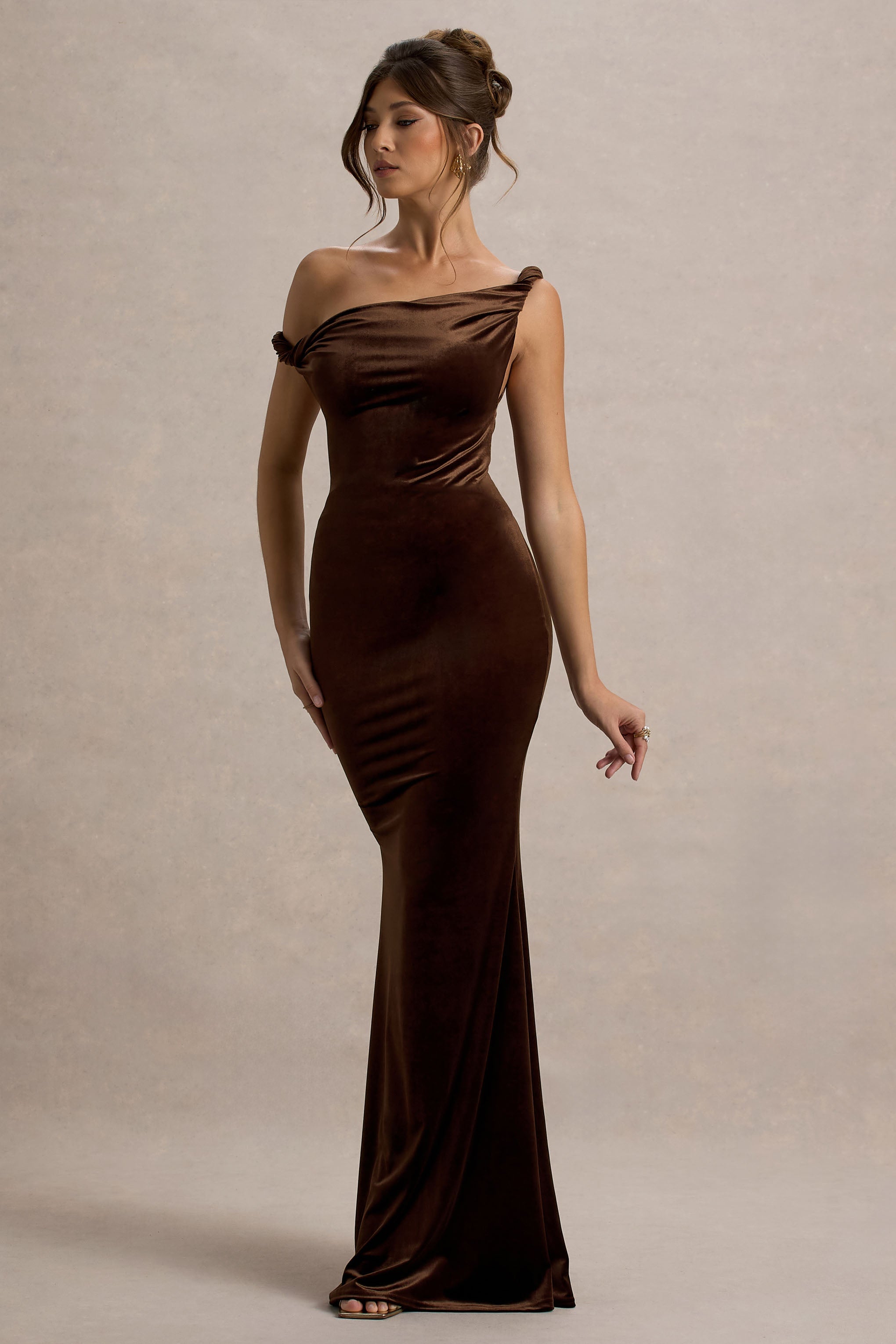 Neeka | Brown Velvet Twisted Asymmetric Maxi Dress  Gemma Chic