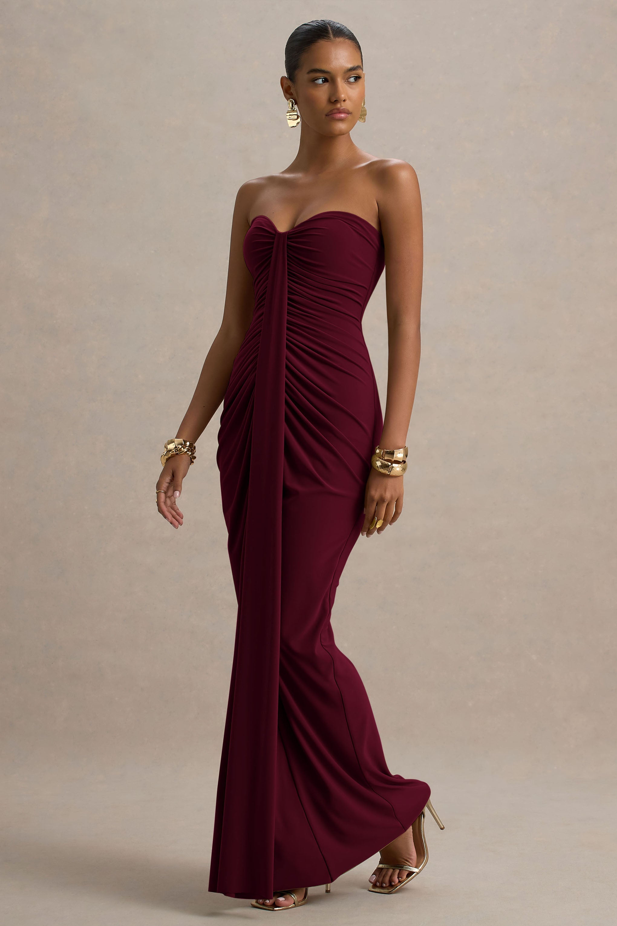 Ali | Burgundy Sweetheart Ruched Wrap Maxi Dress  Gemma Chic