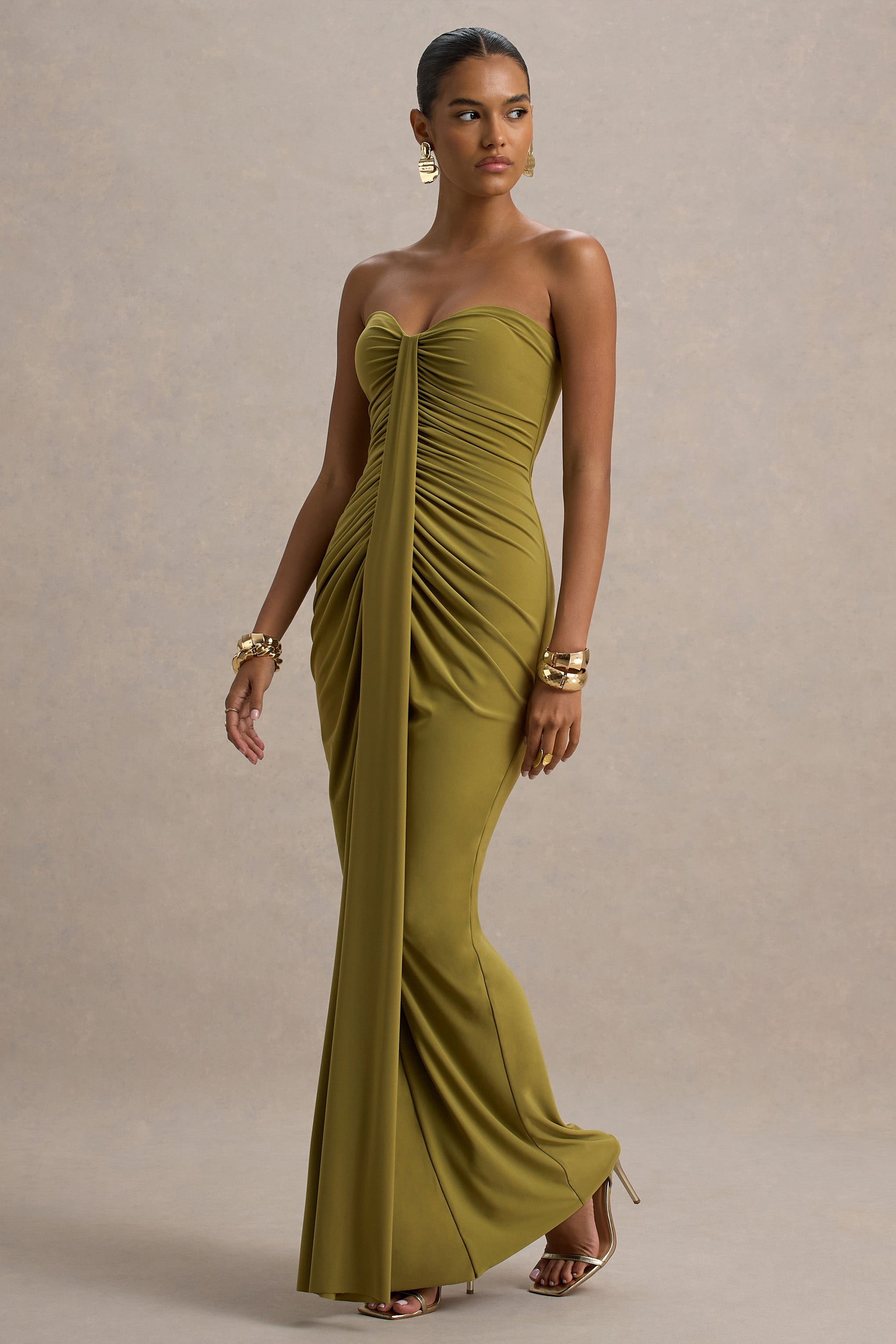 Ali | Olive Sweetheart Ruched Wrap Maxi Dress  Gemma Chic