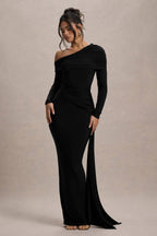 Valina | Black Ruched Asymmetric Maxi Dress With Drape  Gemma Chic