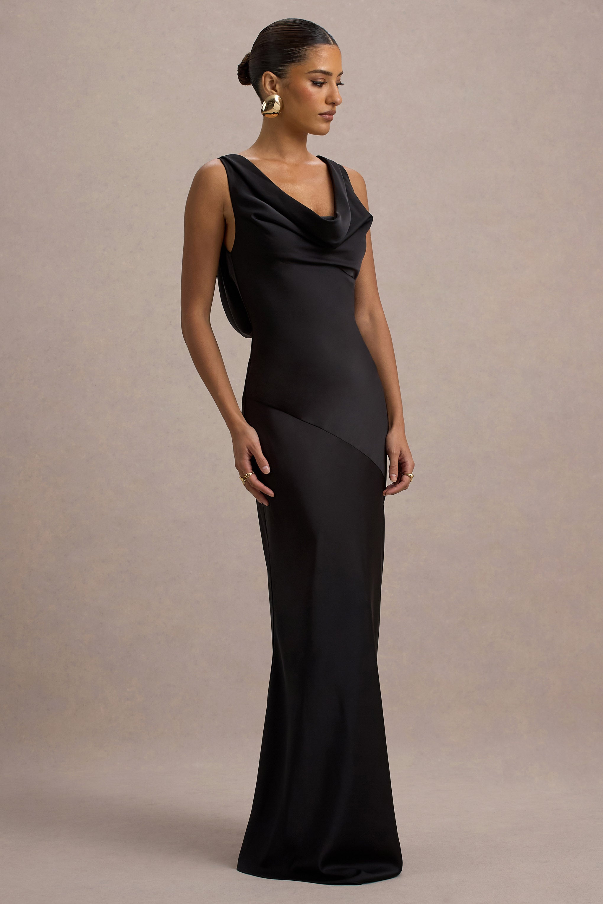 Alesso | Black Satin Cowl-Neck Maxi Dress  Gemma Chic