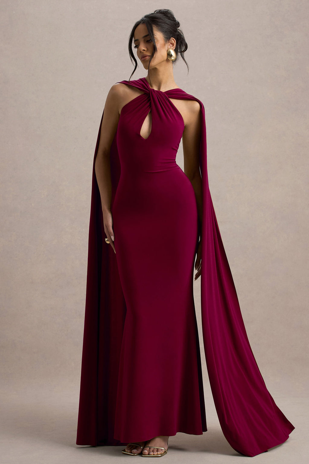 Rhoda | Burgundy Twist Halter-Neck Cape Maxi Dress  Gemma Chic