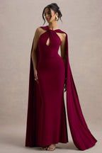 Rhoda | Burgundy Twist Halter-Neck Cape Maxi Dress  Gemma Chic