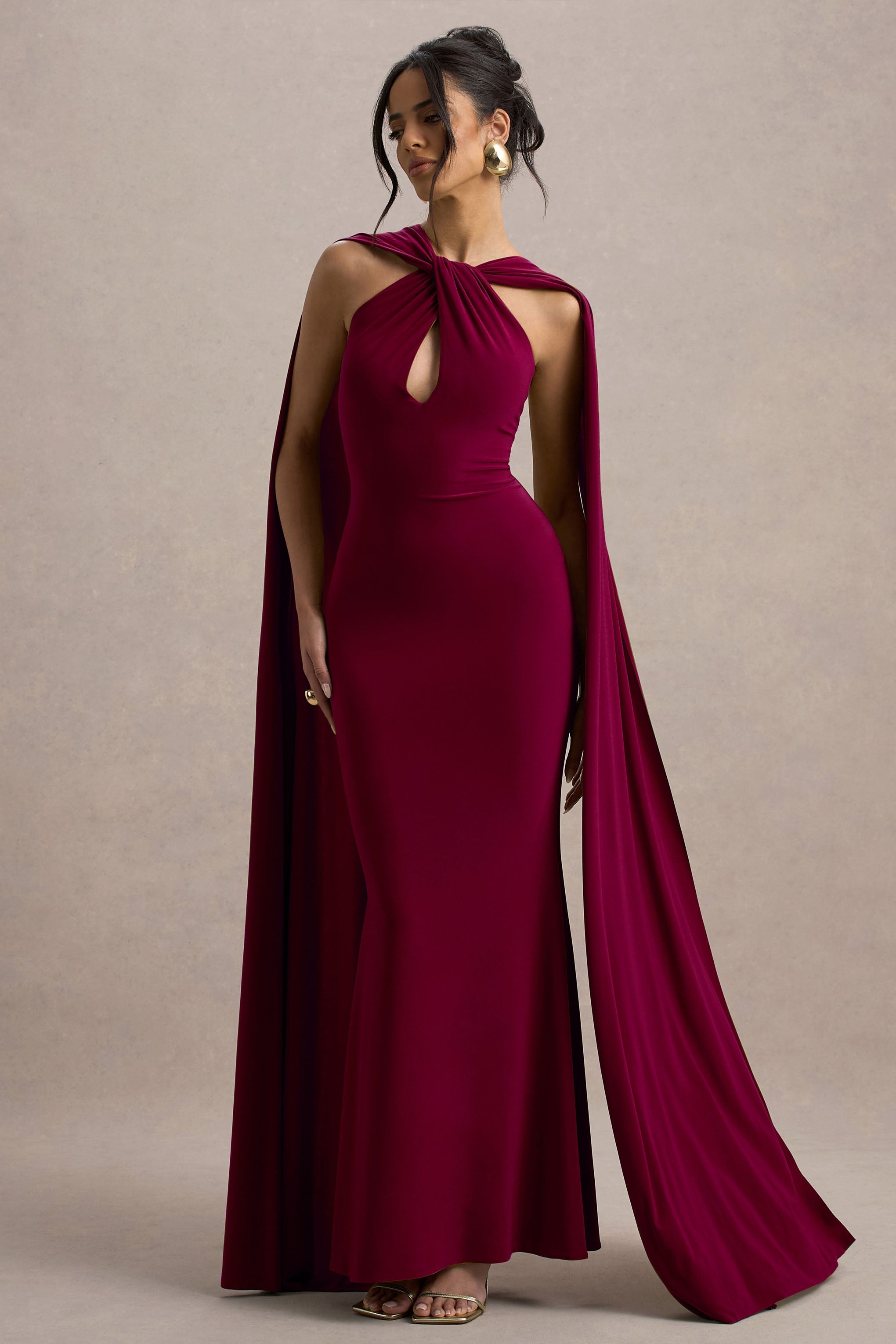 Rhoda | Burgundy Twist Halter-Neck Cape Maxi Dress  Gemma Chic
