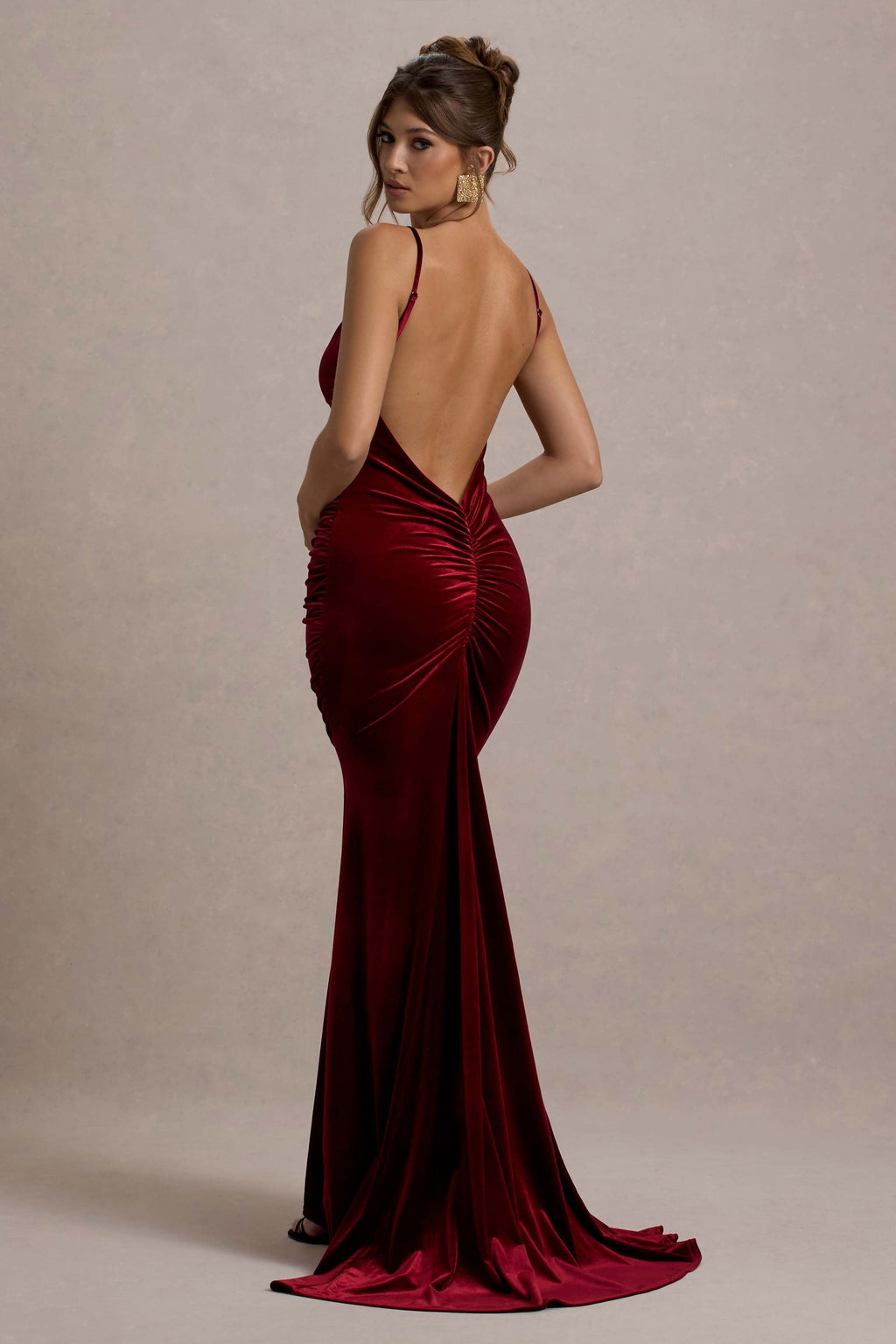 Adele | Berry Velvet Ruched Strappy Fishtail Maxi Dress  Gemma Chic
