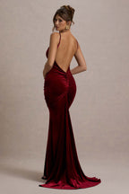 Adele | Berry Velvet Ruched Strappy Fishtail Maxi Dress  Gemma Chic