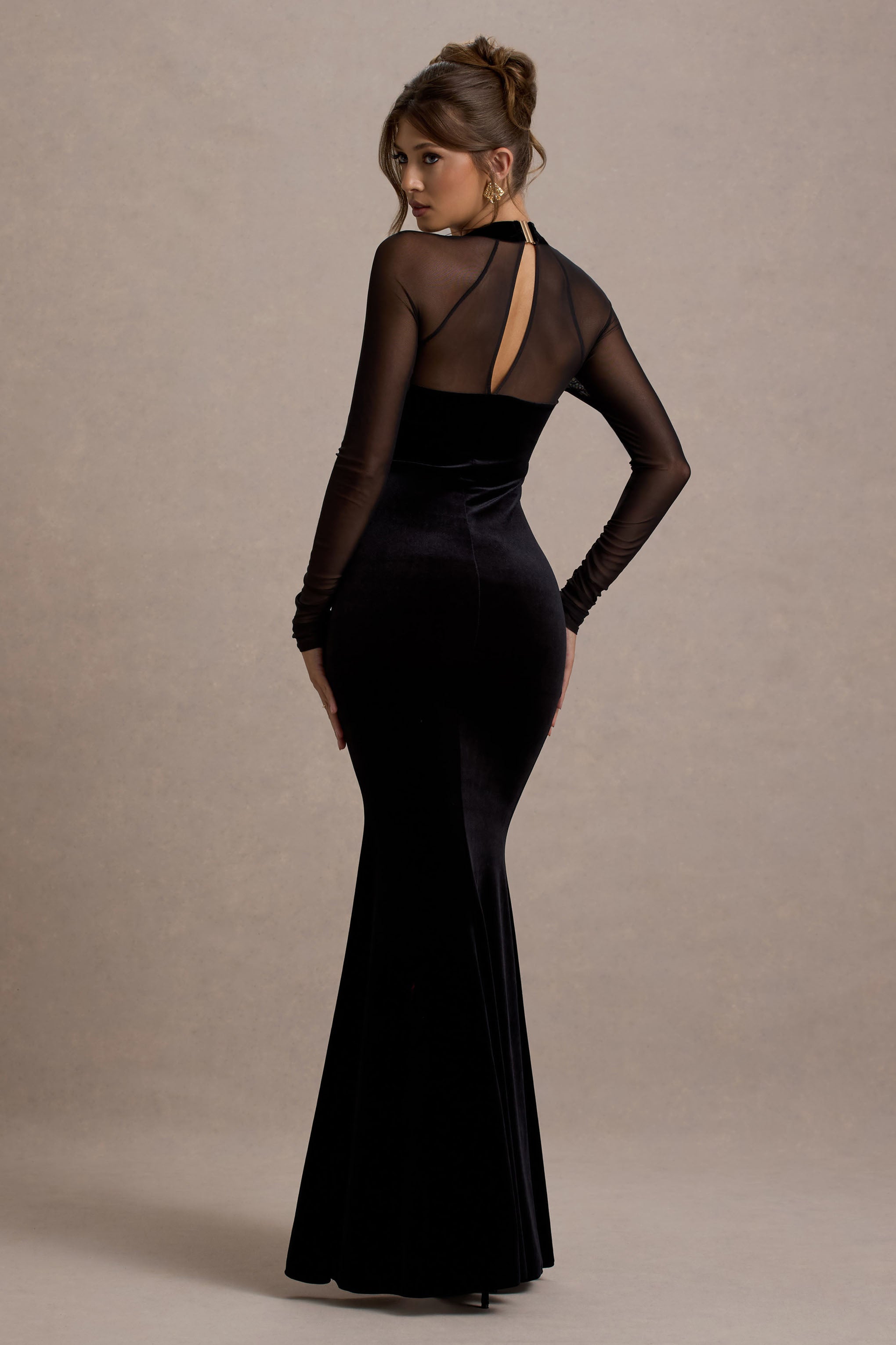 Apres | Black Velvet Bodycon Split Maxi Dress With Sheer Sleeves  Gemma Chic