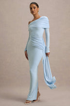 Valina | Powder Blue Ruched Asymmetric Maxi Dress With Drape  Gemma Chic