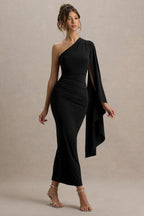 Clementina | Black Asymmetric Cape Sleeve Maxi Dress  Gemma Chic
