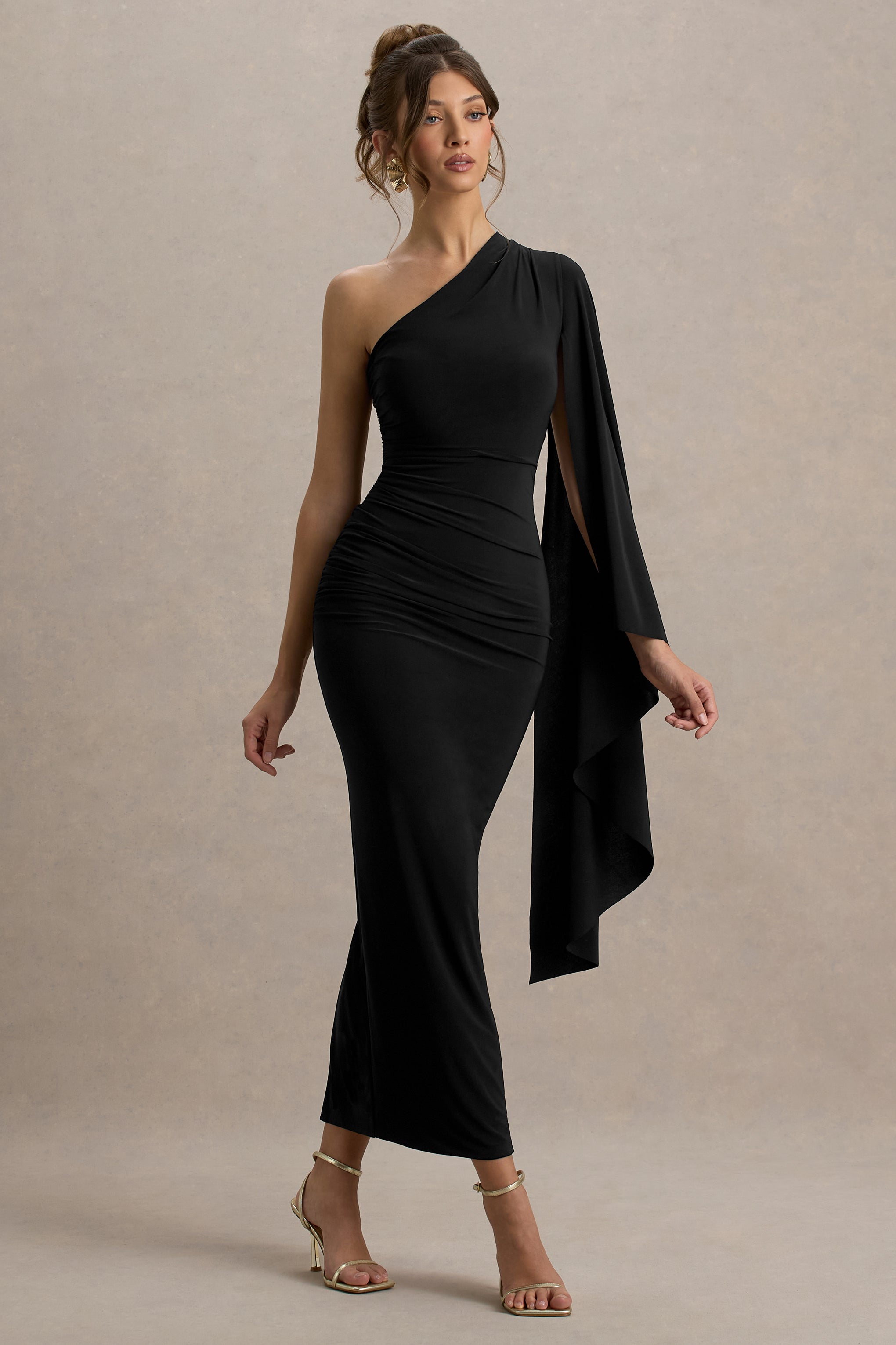 Clementina | Black Asymmetric Cape Sleeve Maxi Dress  Gemma Chic