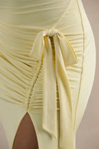 Pure Affection | Pale Lemon Cowl-Neck Maxi Dress With Ruched Detailing And Front High Split  Gemma Chic
