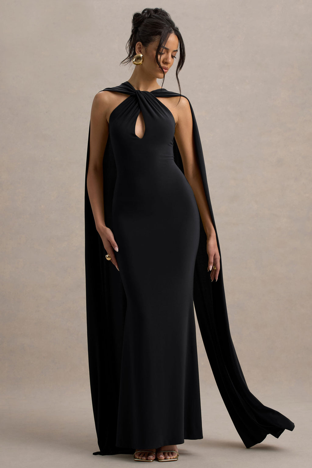 Rhoda | Black Twist Halter-Neck Cape Maxi Dress  Gemma Chic