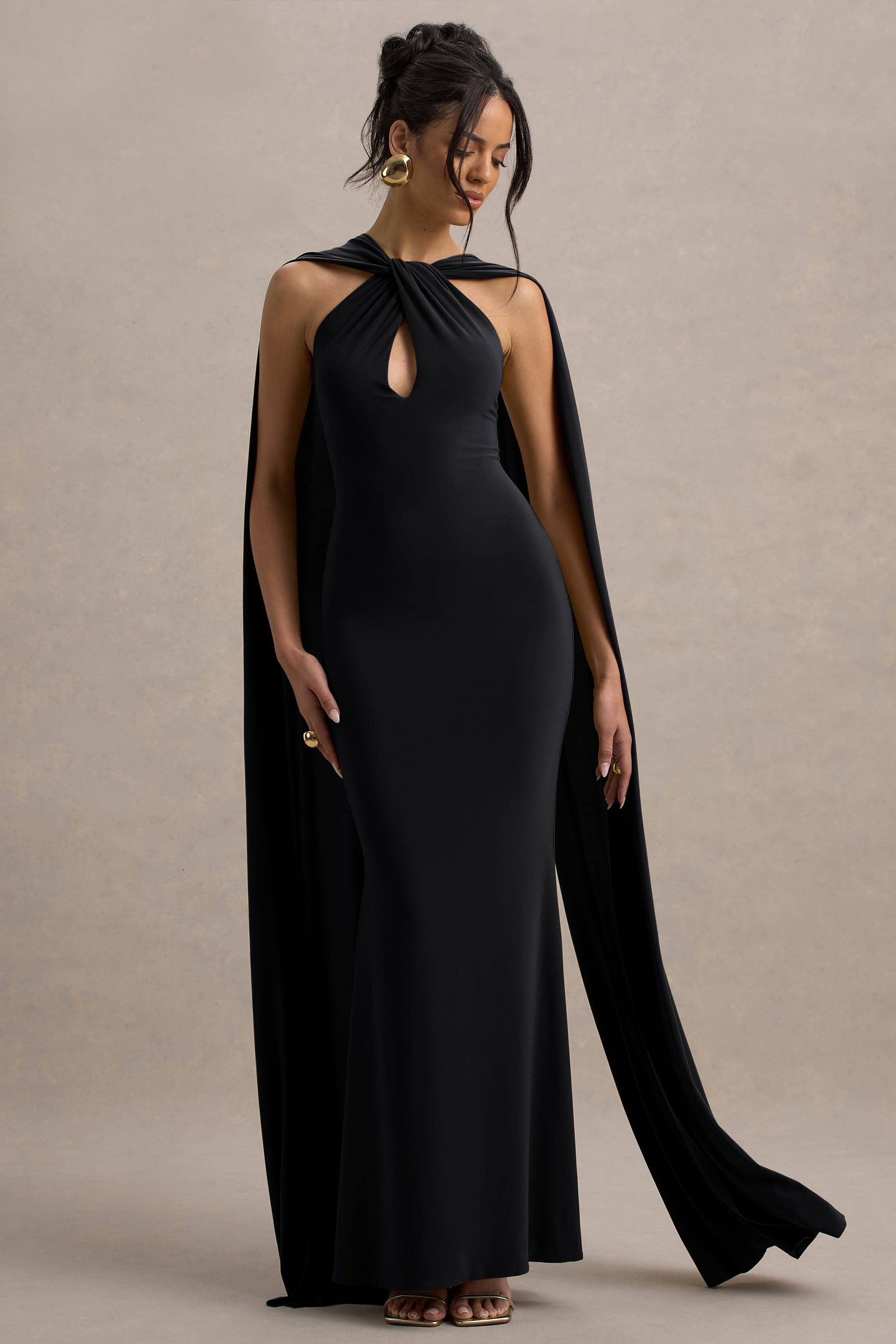 Rhoda | Black Twist Halter-Neck Cape Maxi Dress  Gemma Chic