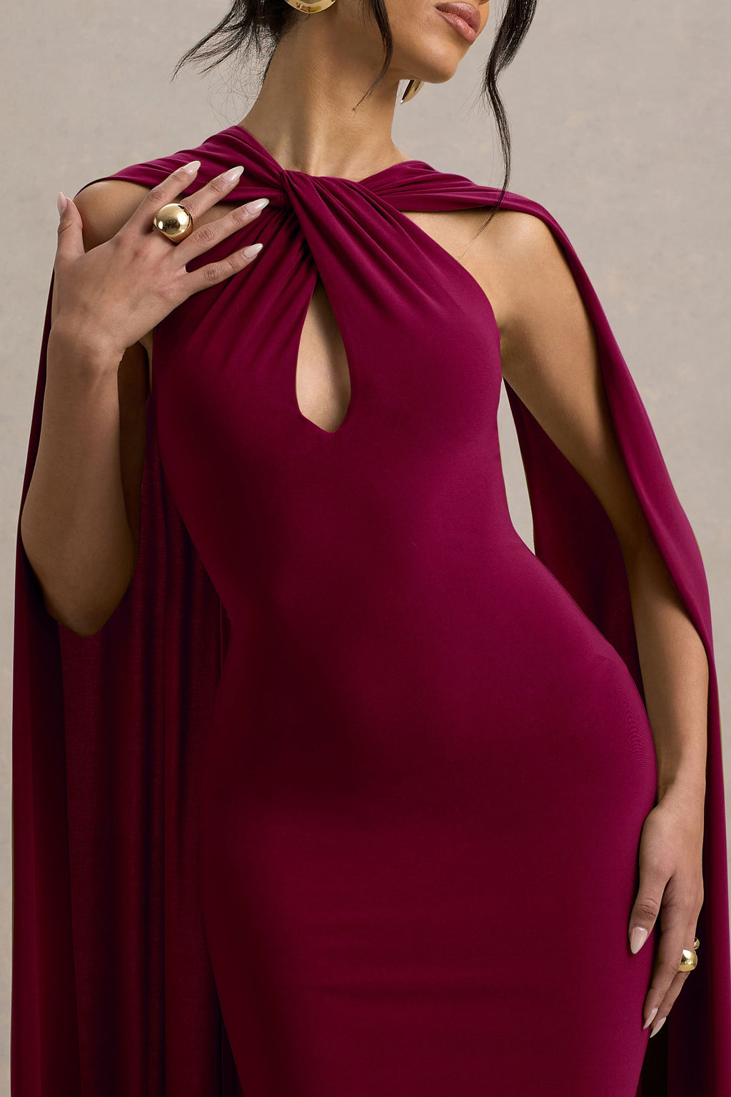 Rhoda | Burgundy Twist Halter-Neck Cape Maxi Dress  Gemma Chic